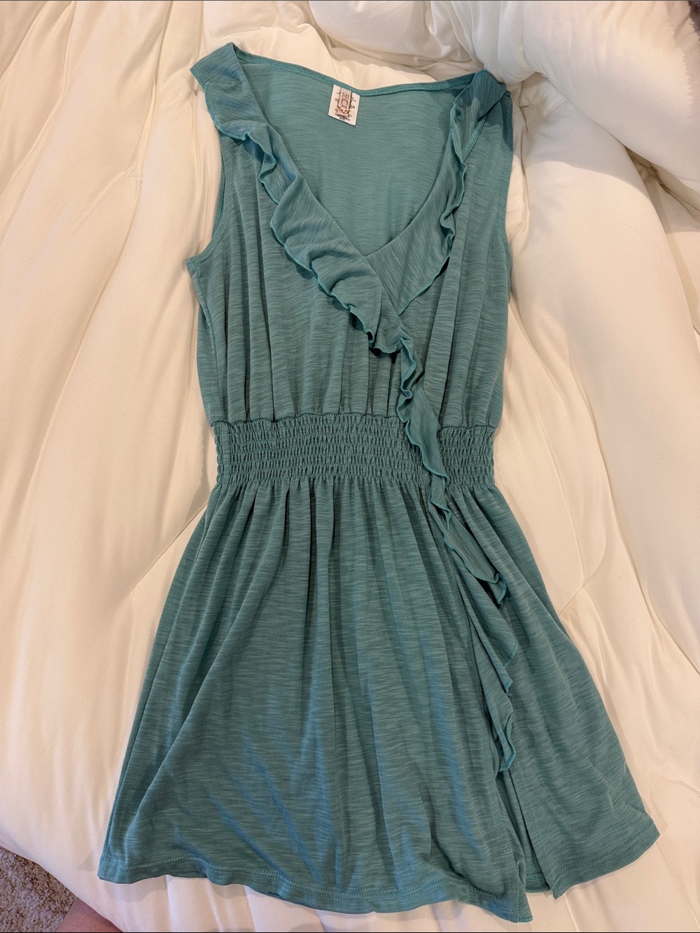 BECCA Breezy Teal Ruffle-Trim Sleeveless Mini Dress